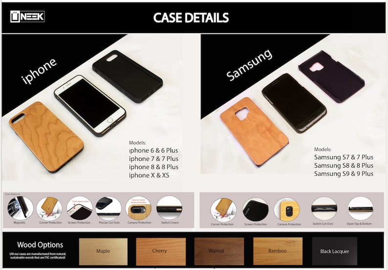 May include: A comparison of phone cases for iPhone and Samsung models. The cases are made of wood and feature different wood options, including maple, cherry, walnut, bamboo, and black lacquer. The cases are designed to protect the phone from scratches and bumps. The image also shows the different features of the cases, such as magnetic closure, corner protection, screen protection, precise cutouts, camera protection, and switch cover.