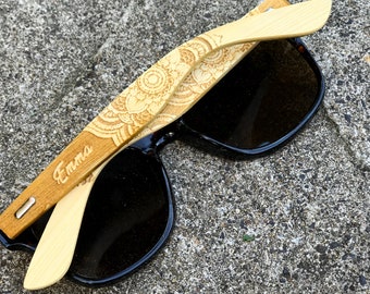 Real Wood Bamboo Sunglasses with Mandala Design & Personalised Name + Optional Personalised Bamboo Case