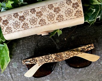 Hibiscus Flower Design Real Wood Bamboo Sunglasses  & Optional Bamboo engraved Case
