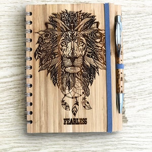 Eco Friendly Bamboo Notebook & Personalised Pen with Laser Engraved Fearless Lion Design