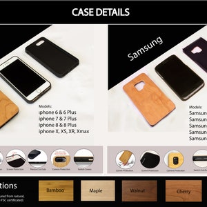 May include: A wood phone case with different wood options: bamboo, maple, walnut, cherry, and black lacquer. The case is compatible with iPhone and Samsung models. The text "Wood Options" is displayed below the wood samples.