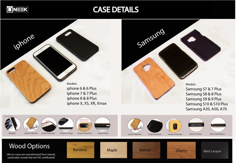 May include: A wood phone case with different wood options: bamboo, maple, walnut, cherry, and black lacquer. The case is compatible with iPhone and Samsung models. The text "Wood Options" is displayed below the wood samples.