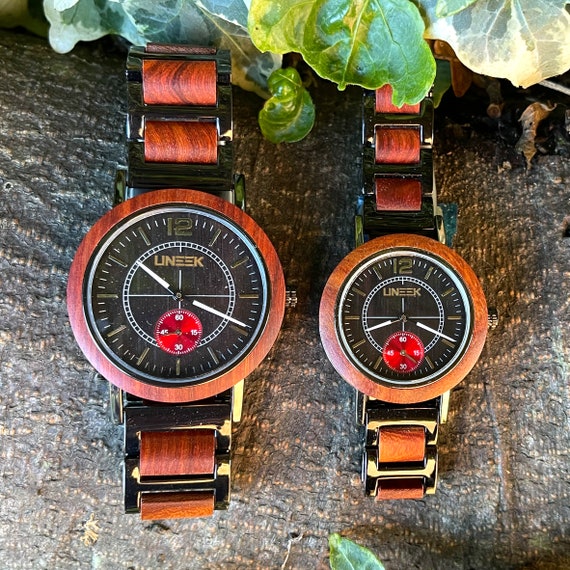 His Hers Dual Movement Watch With Redwood and Black Polished