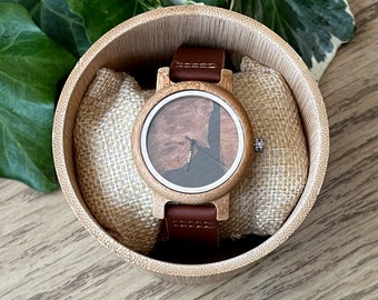 Ladies Wood & Resin Watch with Leather Strap and optional engraved Gift Box and Back casing