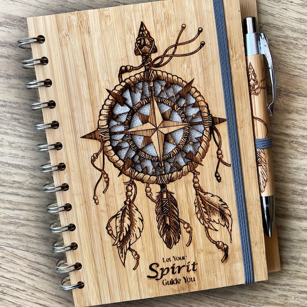 Tribal Compass Dream Catcher -"Let Your Spirit Guide You"-Eco Friendly Bamboo Notebook/Journal with Recycled Paper and Personalised Pen