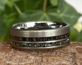 8mm Tungsten Ring, Brushed Silver Finish with Blackwood and Meteorite Inlays