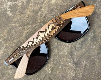 Real Wood Bamboo Sunglasses with Mountain Design & Personalised Name + Optional Personalised Bamboo Case