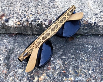 Real Wood Bamboo Engraved Sunglasses with Tribal Pattern & Optional Personalised Name / Initials