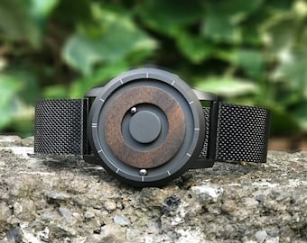 Unique Real Wood & Stainless Steel Watch with Magnetic Ball Bearing Hands +  Solid Beech Gift Box with Optional Personalisation (STYLE 1)