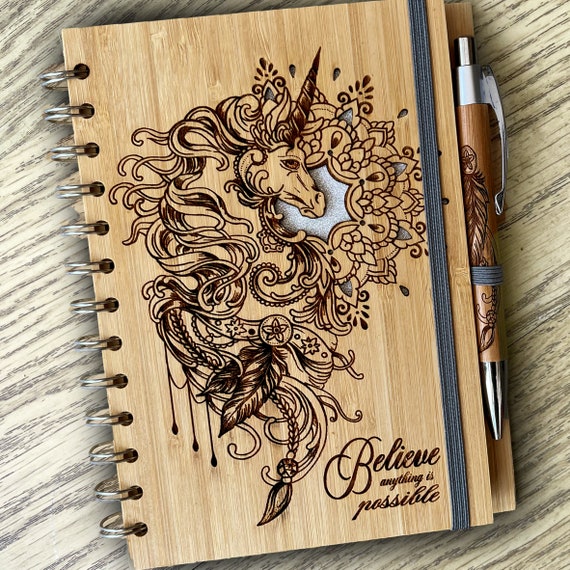 Einhorn Bambus Journal - Gravur Mandala, personalisierter Stift - Etsy.de