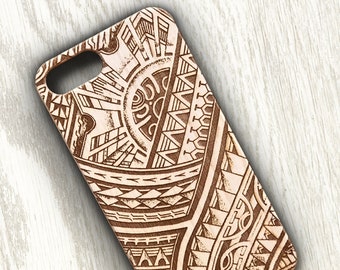 Real Wood Phone Case with Maori Sleeve Tattoo Inspired Design for iPhone & Samsung