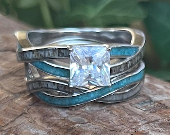 Ladies Sterling Silver Ring Set with Deer Antler  inlay