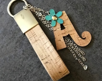 Cork Leather Key Chain with Personalised Cork Flower Letter