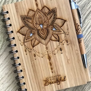 Lotus Flower Design Eco Friendly Bamboo Notebook & Personalised Pen