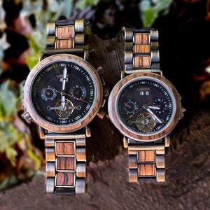 His &  Hers Automatic Skeleton Watch with Zebrano Wood and Brass Finsh Steel Strap with optional personalised box