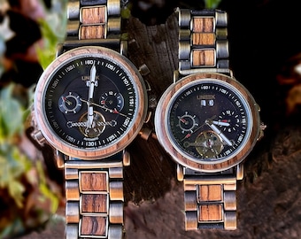 His &  Hers Automatic Skeleton Watch with Zebrano Wood and Brass Finsh Steel Strap with optional personalised box