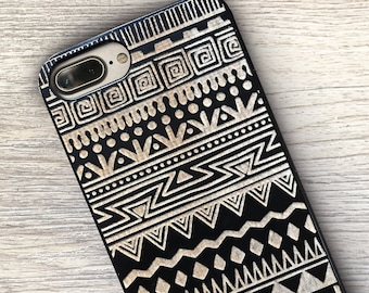 Ethnic Patterned  Real Wood Engraved Phone Case with Black Lacquered Finish