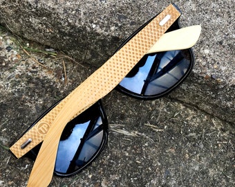 Real Wood Bamboo Sunglasses with Geometric Diamond Gradient Pattern & Personalised Intials