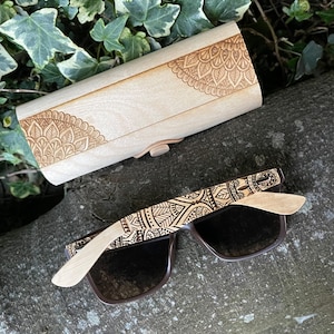 Real Wood Bamboo Sunglasses with Laser Engraved Mandala Leaf Pattern & Optional Bamboo engraved Case