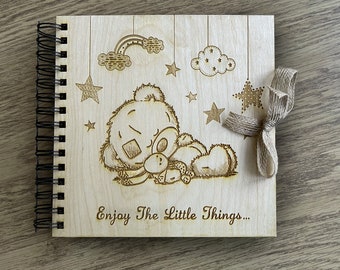 Baby Journal / Scrapbook with Solid Wood Front & Back Cover and optional personalised engraved message