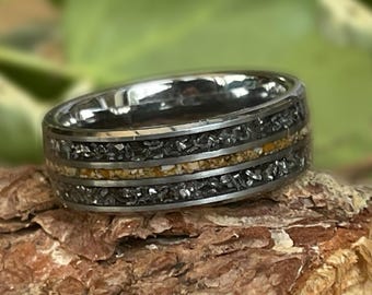8mm Tungsten Ring with Crushed Meteorite and Dinosaur Bone Inlay