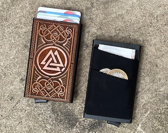 Valknut Design Solid wood topped minimalist pop-up card wallet with elasticated notes and coin pouch (with optional personalisation)