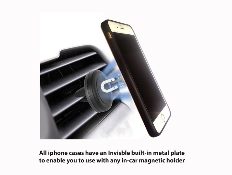 May include: A black magnetic car phone mount attached to an air vent. A black iPhone is attached to the mount.