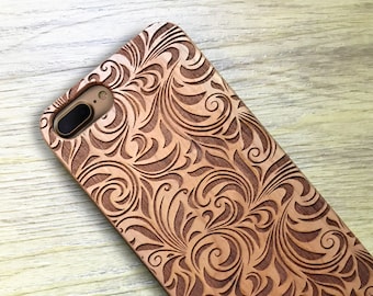Etui na telefon z prawdziwego drewna z grawerowanym laserowo wzorem kwiatowym dostępne dla urządzeń iPhone i Samsung