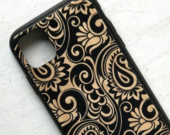 Etui na telefon z prawdziwego drewna z abstrakcyjnym wzorem paisley na iPhone'a i Samsunga