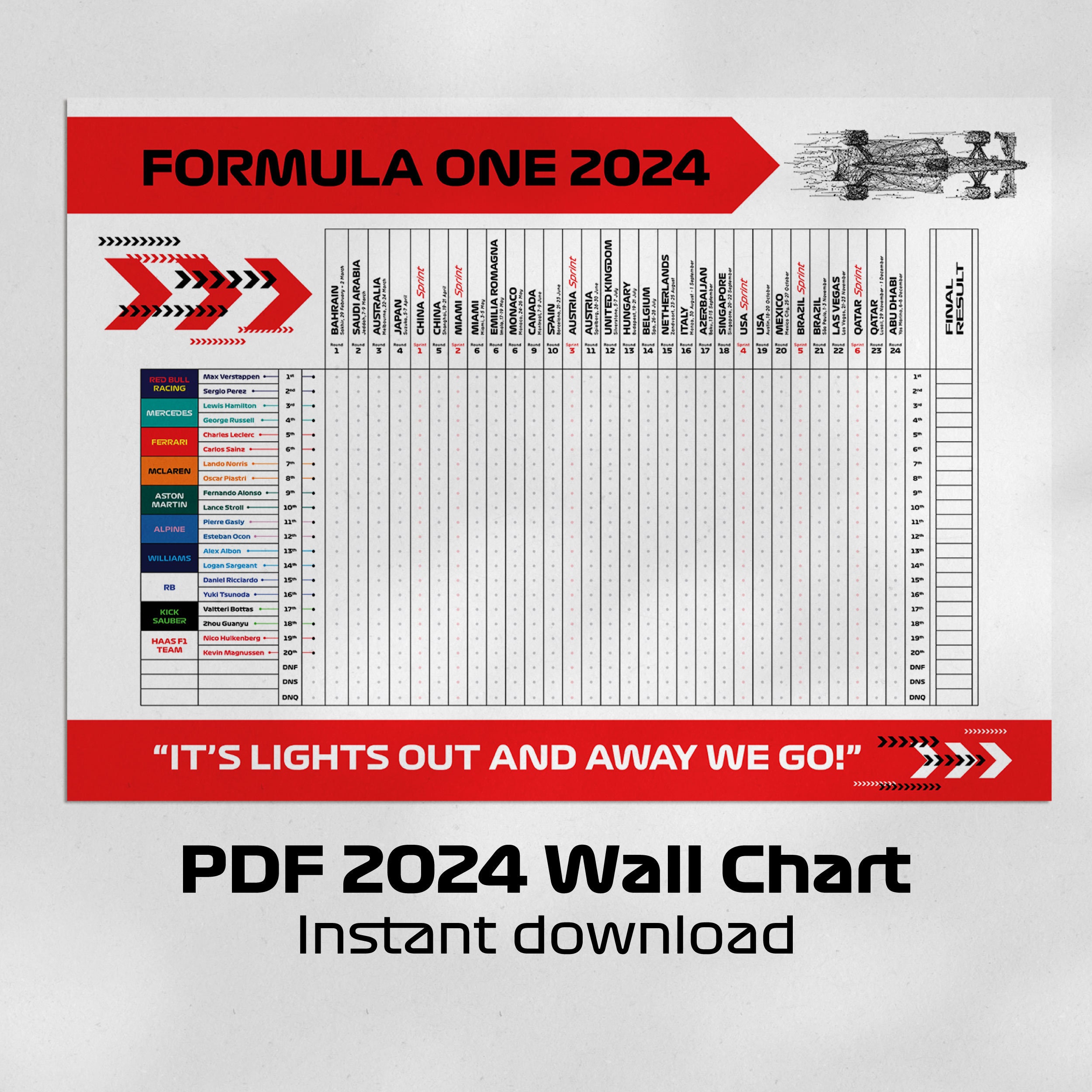 Formula One 2024 Wall Chart Track the F1 Driver Results A2 PDF Print at