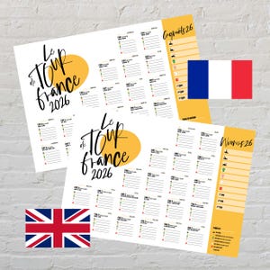 May include: Two white paper prints with the text "Le Tour de France 2026" in black script and a yellow sun graphic. One print has a French flag and the other has a British flag. The prints have stage details.