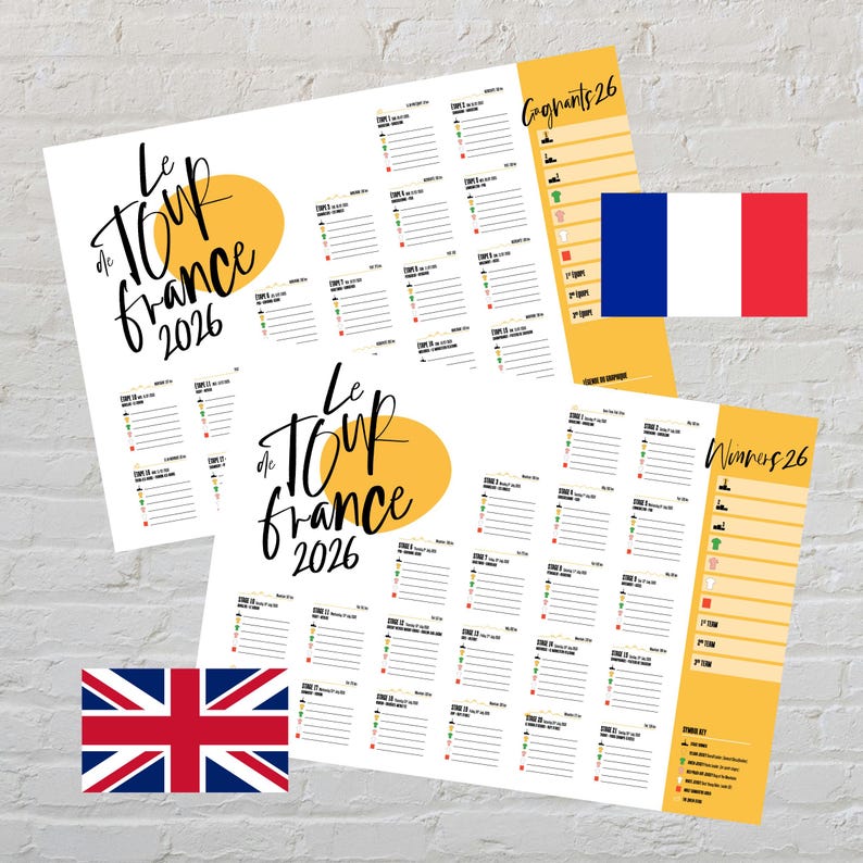 May include: Two white paper prints with the text "Le Tour de France 2026" in black script and a yellow sun graphic. One print has a French flag and the other has a British flag. The prints have stage details.