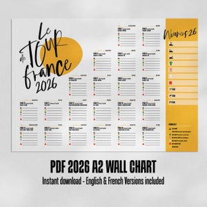May include: A white wall chart for the 2026 Tour de France, featuring a yellow sun graphic and stage details. The chart includes the text "Le Tour de France 2026" and "Winners 26". The bottom of the chart reads "PDF 2026 A2 WALL CHART".