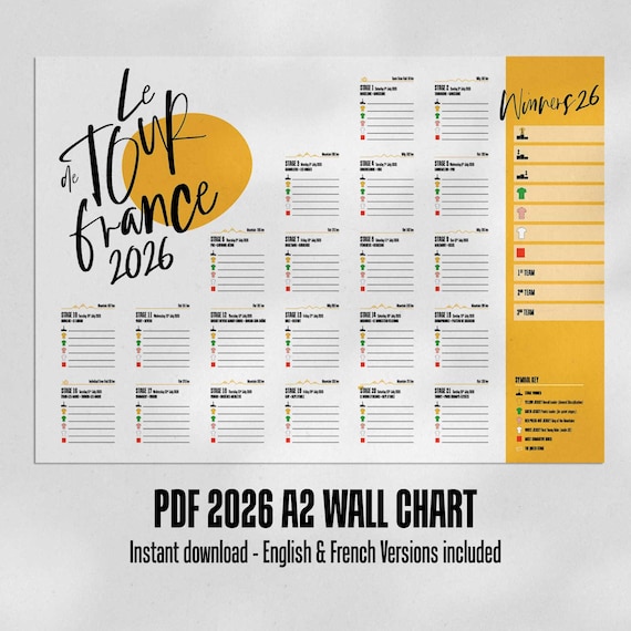 Tour de France 2026 Wall Chart - Follow every stage of the world's most prestigious cycle race - A2 PDF Print at Home - English & Française