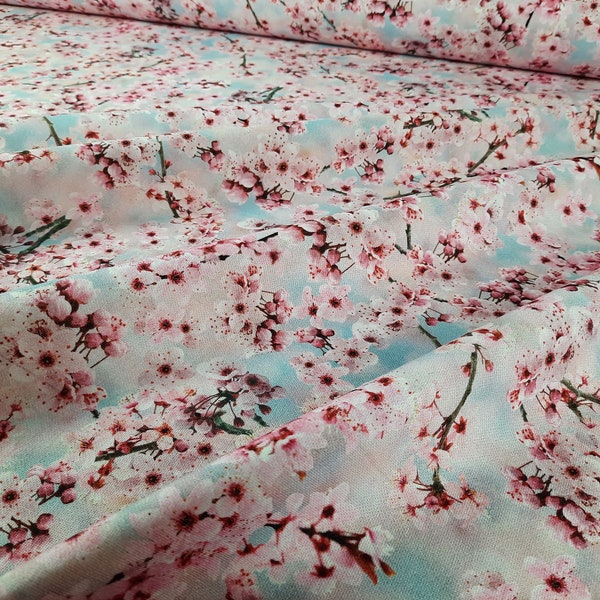 Dekostoff "Kirschblüte" Halbpanama feste Baumwolle, Fotodruck zartrosa-blau, Blumenmuster