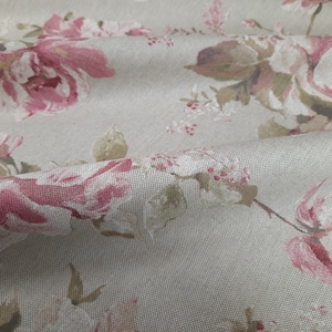 Decoratieve stof "Rose Garden", 280 cm breed, roze-beige linnenlook, rozenpatroon