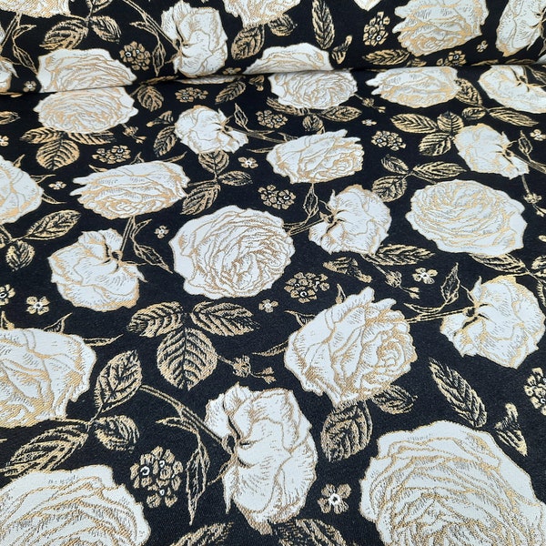 Tissu de tapisserie de haute qualité "Roses nobles" avec de grandes fleurs, tissu décoratif roses dorées et blanches sur fond noir