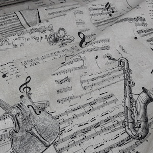 Tessuto decorativo "Music" aspetto lino beige-nero, mix di tessuti, motivo grafico