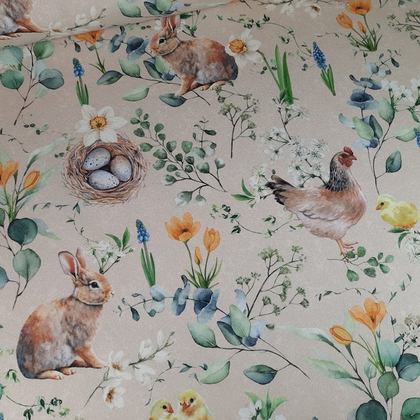 Tissu décoratif "Spring Meadow" demi-panama pur coton motif animalier, Pâques, printemps, lapins, poules, poussins, tissu pour enfants