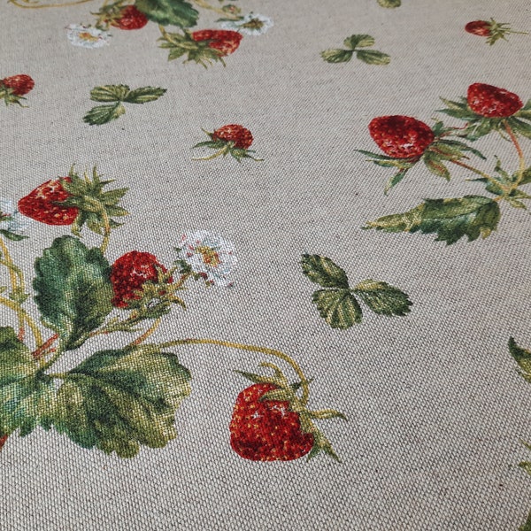 Tissu déco "Fraises" mélange de tissus aspect lin beige-rouge-vert motif floral, motif baies