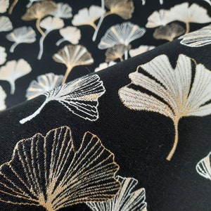 Tessuto per arazzo di alta qualità "Ginkgo Leaves" tessuto da tappezzeria nero-bianco-oro, tessuto per mobili con fibra metallica