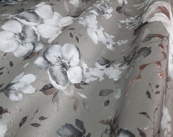 Jacquard fabric "Roses and Anemones", floral fabric with lurex, decorative fabric, upholstery fabric, furniture fabric, beige, white, silver, 140 cm