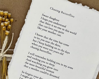 Graduation gift for daughter| Sentimental poetry card for daughter| Off to college gift for daughter| Chasing Butterflies original poem