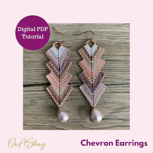 May include: Chevron earrings with a pink, white and gold colour scheme. The earrings are made with seed beads and have a pearl drop at the bottom. The earrings are shown on a wooden surface. Digital PDF tutorial included.