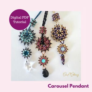 May include: Three beaded necklaces with a starburst design. The necklaces are made with different colored beads, including turquoise, purple, and red. The necklaces are hanging from a white surface. The text "Carousel Pendant" is at the bottom of the image.