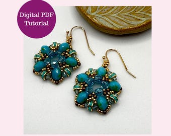 Beaded Drop Earring Tutorial PDF Turquoise Donut Earrings Fire Polish Rondelle Beads Beginner Pattern