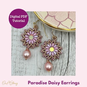 May include: Pink and gold beaded daisy earrings with a pearl drop. Digital PDF tutorial included. Paradise Daisy Earrings.