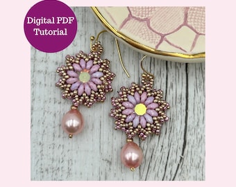 Beaded Earring Tutorial PDF Paradise Daisy Earrings Mini Duo Beads Crystal Beginner Peyote Pattern