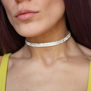 4 Row Plush Skinny White Crystal Rhinestone Choker on White Satin with Silver Necklace