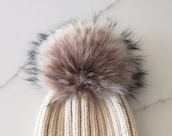 Real Fur pom pom for hat, Furry pom with snap on, Raccoon fluffy pom for beanie, Large pom 6 inch , Medium size 5 inch, Genuine fur